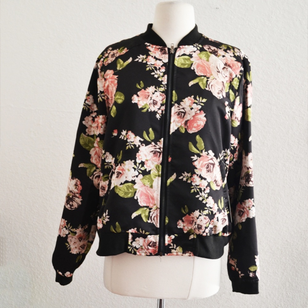 Black Rose Floral Satin Bomber Jacket - Picture 1 of 7